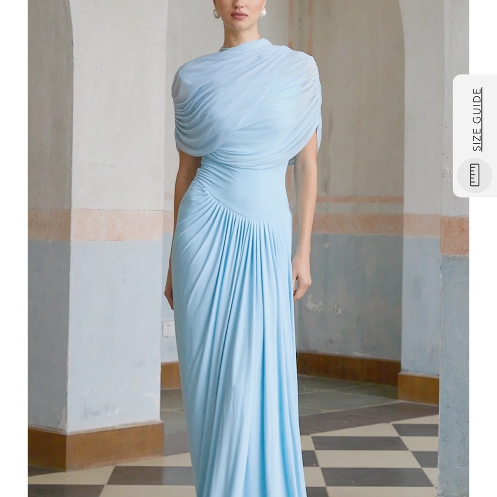 Catherine Asymmetric Pleated Maxi Dress in Baby Blue